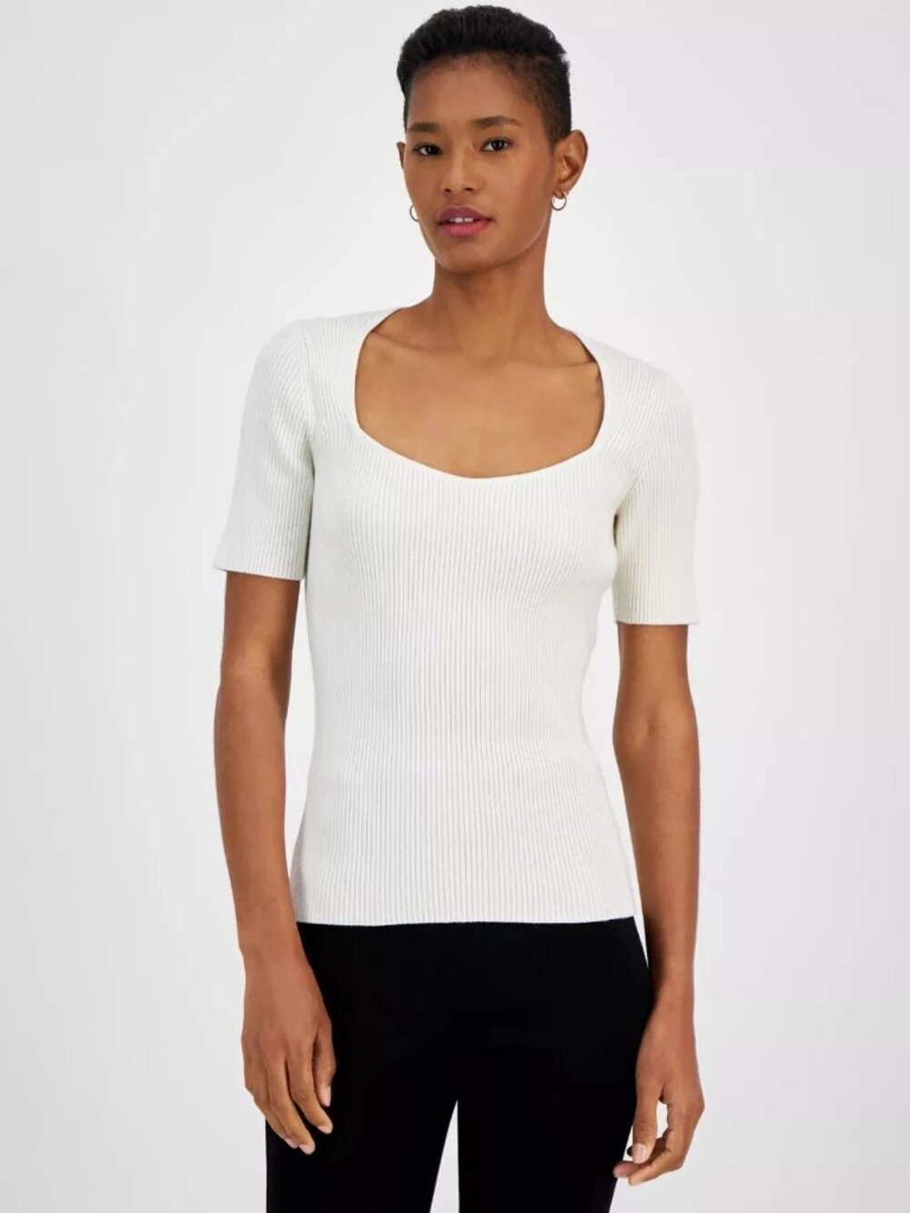 Hugo BOSS NWT Women's Short Sleeve White Rib Sweater Top Shirt Size XL